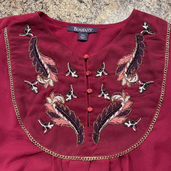 Roamans Tunic Top Embroidered Sheer Western Boho Cowgirl Rodeo Beaded Red 14W - Picture 3 of 6